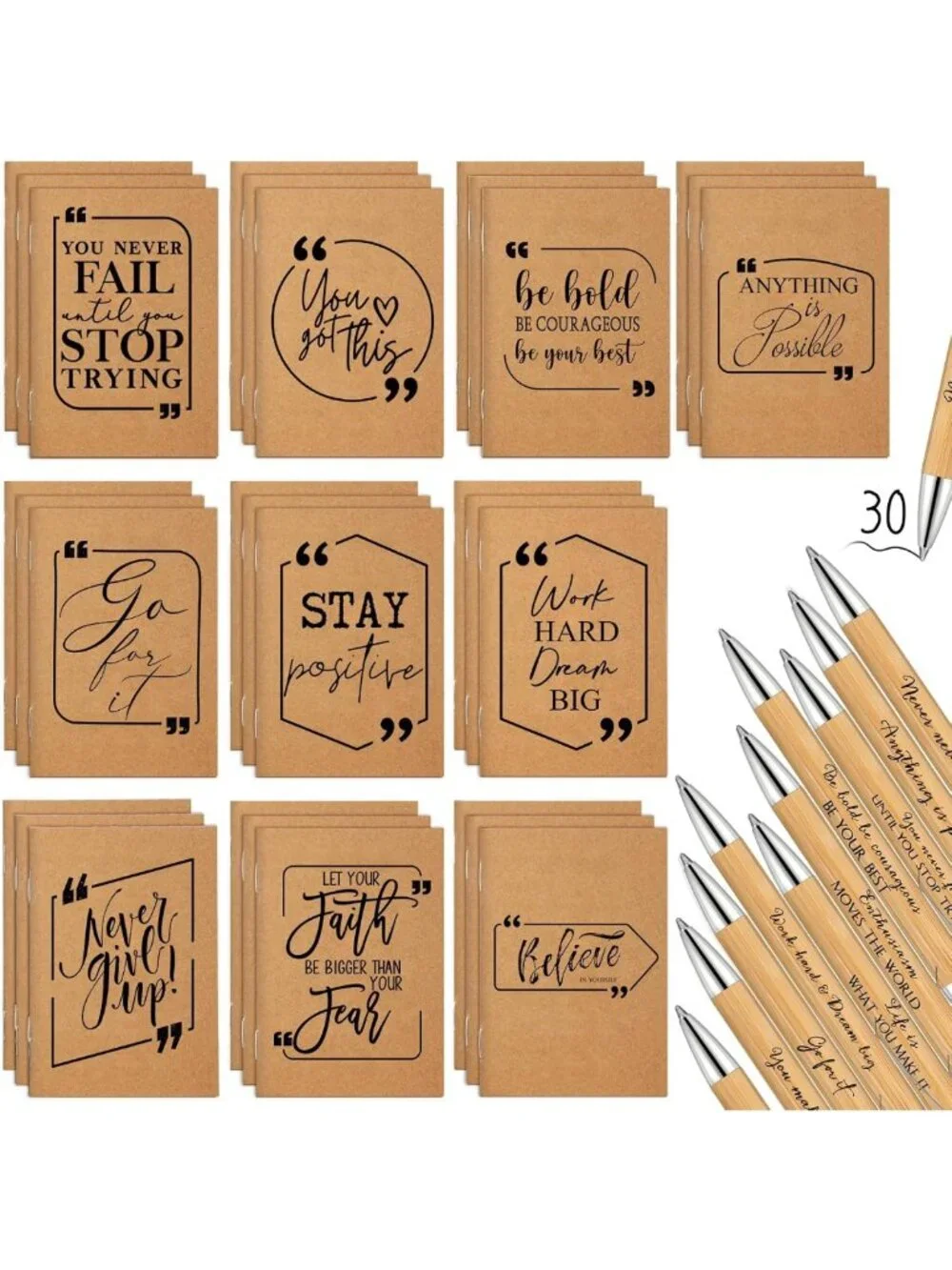 60 Pcs Motivational Pens & Inspirational Notebooks - Perfect Gift Set, Brown